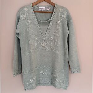 Vintage Amanda Nicole Knit Seafoam Green Floral Embroidery Pearl Beaded Sweater